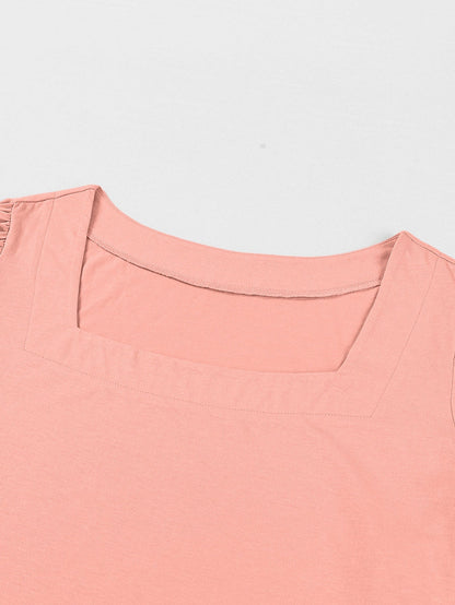 Pink Plus Size Square Neck Flounced Sleeve Top