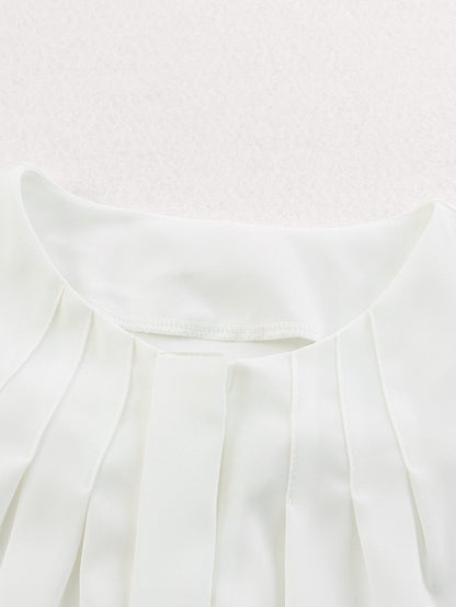 Graceful White Pleated Round Neck Shirt with Puff Sleeves