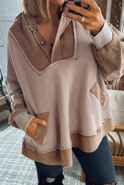 Goat Oversize Waffle Patchwork Exposed Seam Casual Hoodie