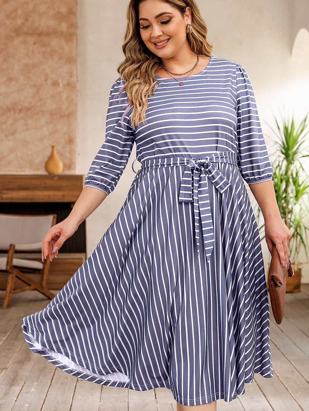 Elegant Gray Striped Tie Waist Midi Dress for Plus Size Women