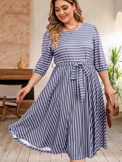 Elegant Gray Striped Tie Waist Midi Dress for Plus Size Women