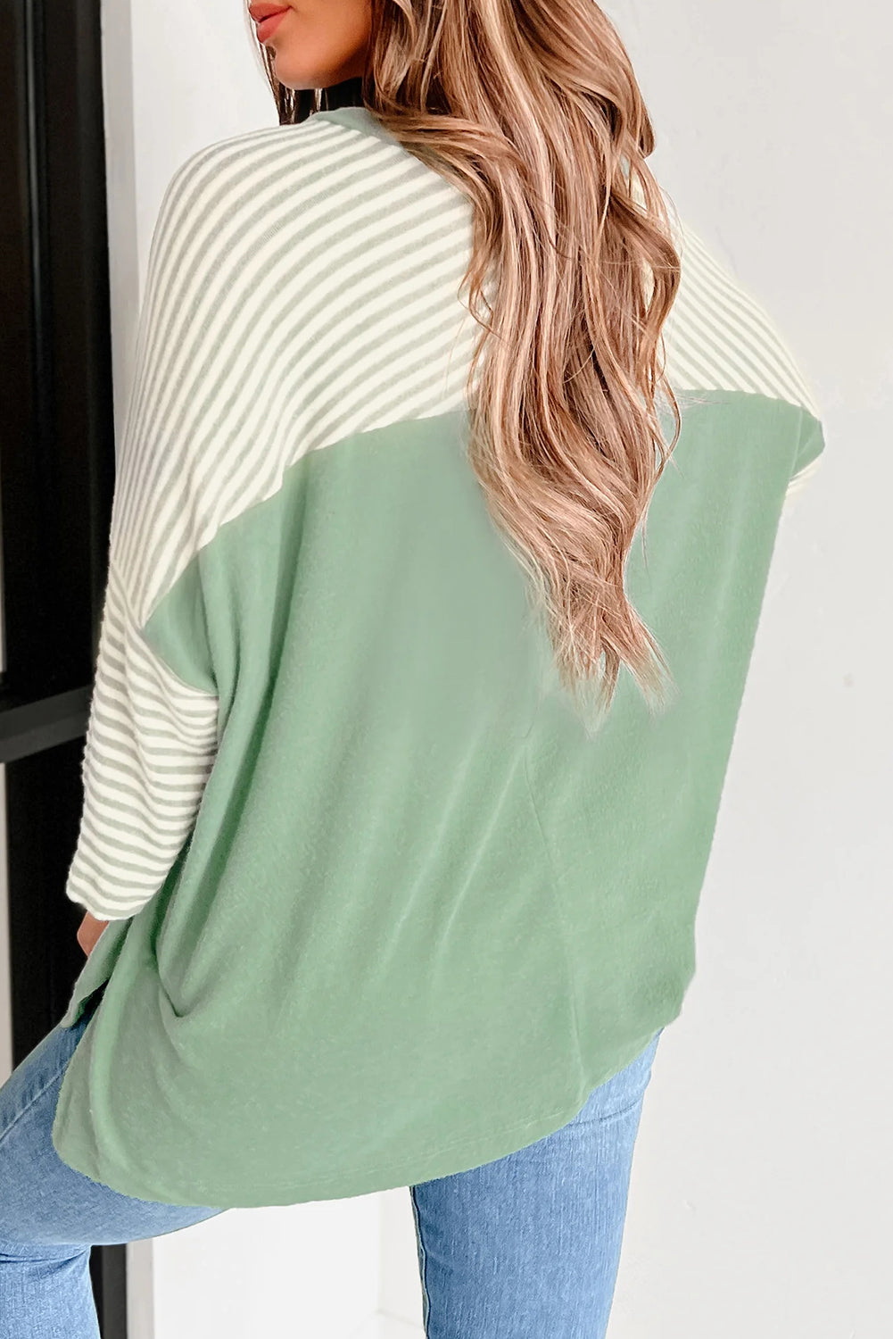 Clearly Aqua Striped Bracelet Sleeve Patchwork Oversize Tee