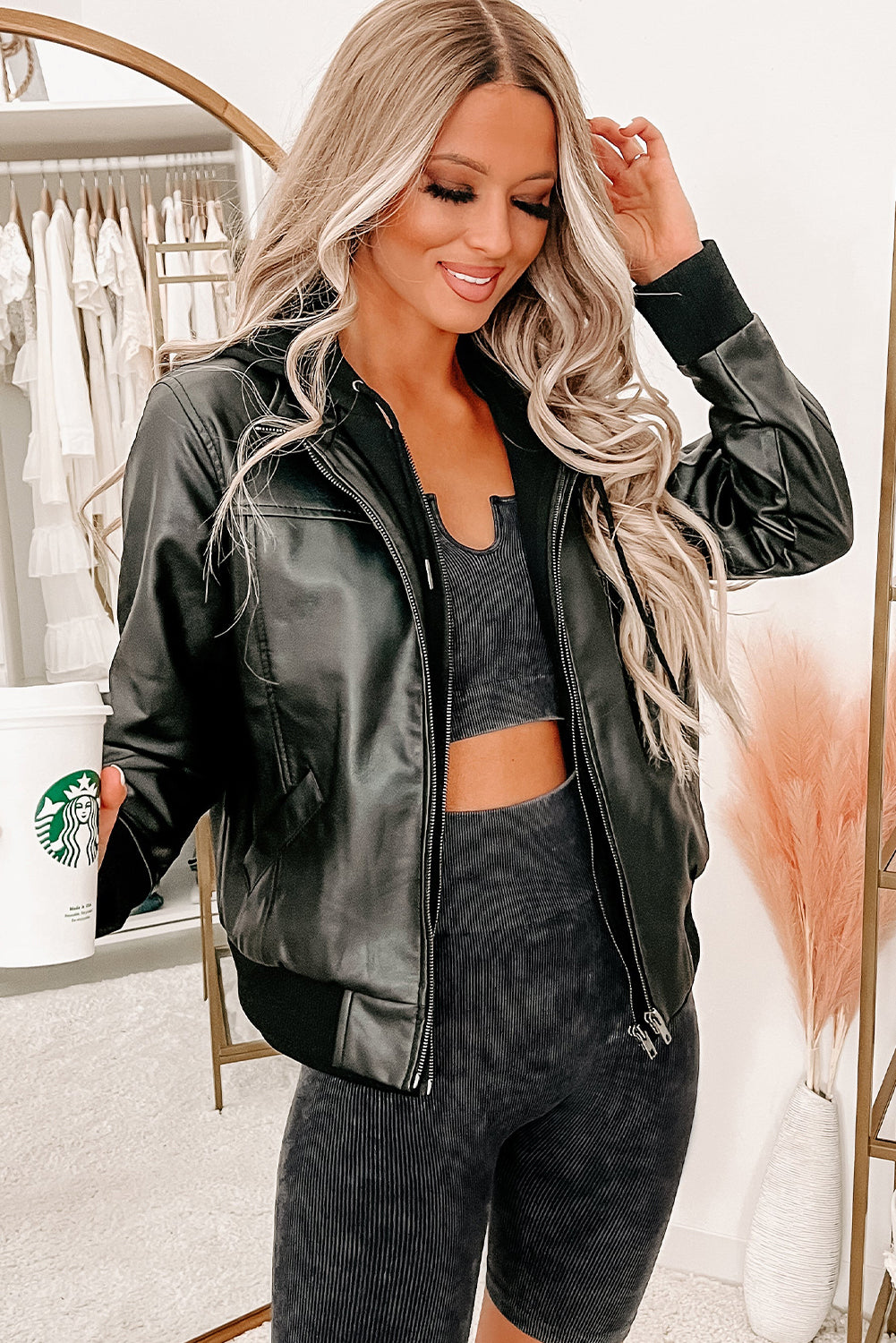 Black Faux Leather Patchwork Hooded Zip up Jacket