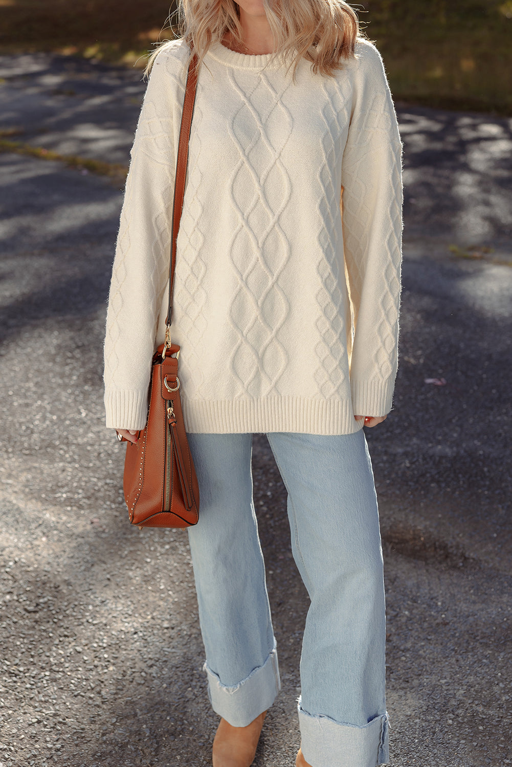 Beige Drop Shoulder Cable Knit Tunic Sweater