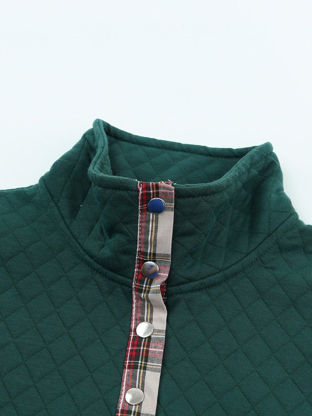 Green Plaid Trim Sweatshirt with Geometric Texture