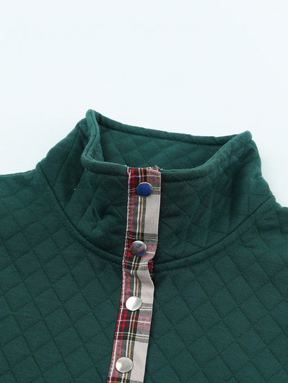 Green Plaid Trim Sweatshirt with Geometric Texture
