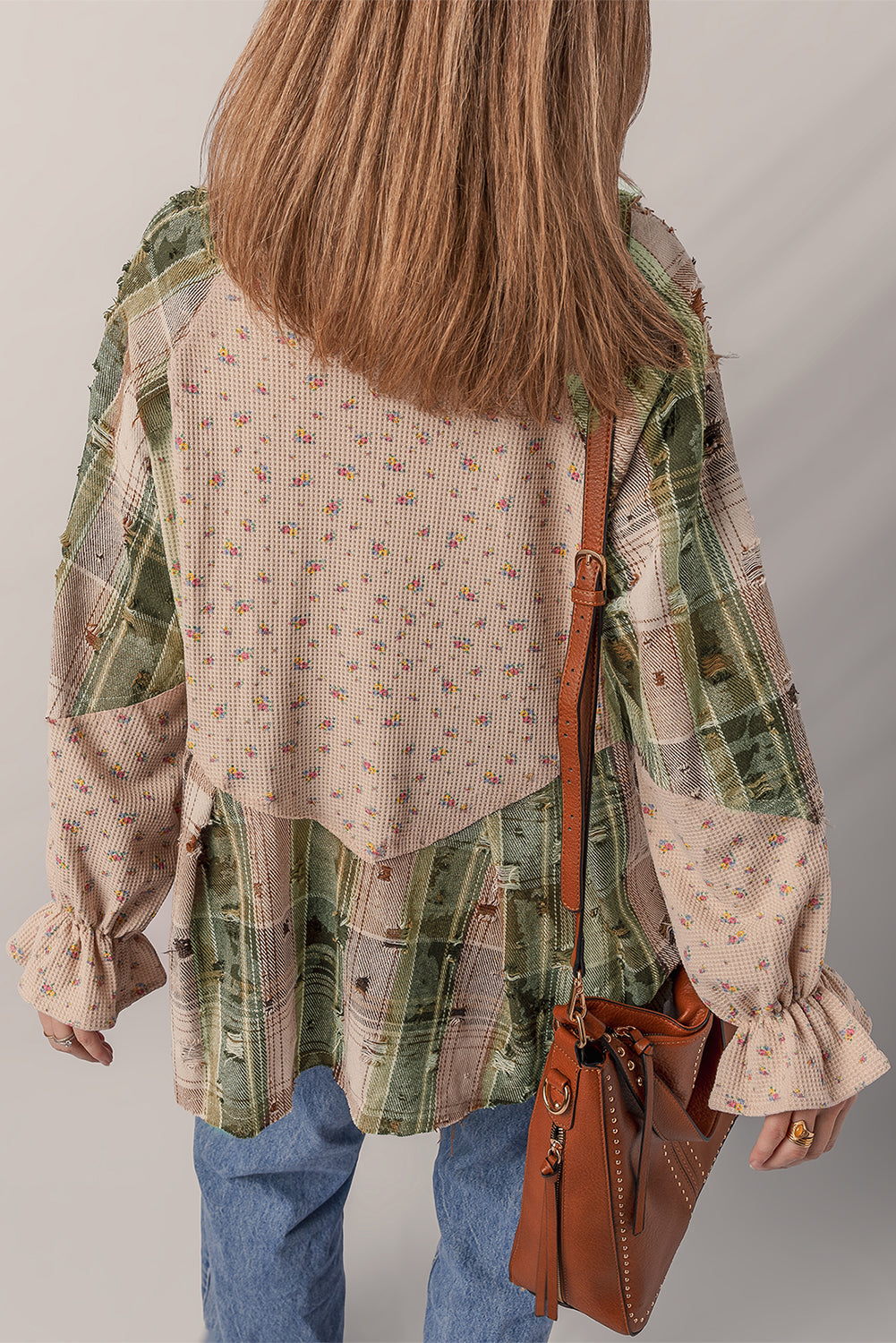 Mist Green Boho Floral Plaid Patchwork Distressed Detail Ruffled Sleeve Waffle Knit Shacket
