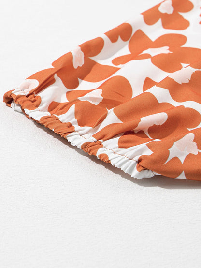 Orange Floral Print Plus Size V Neck Short Sleeve Blouse with Drawstring