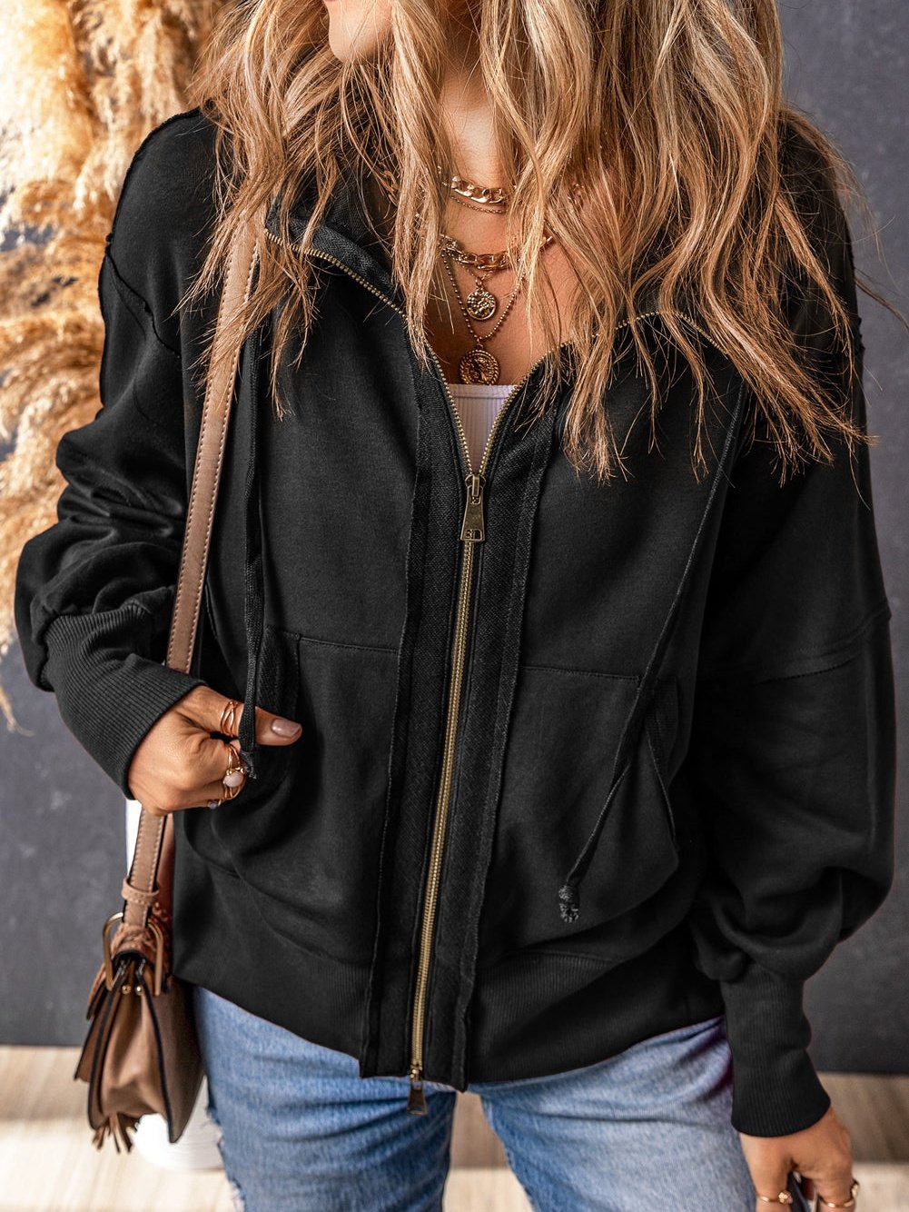 Black Exposed Seam Zip-Up Hooded Jacket