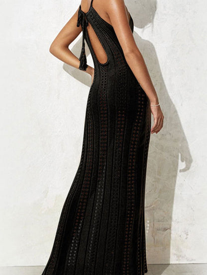 Bohemian Black Tassel Tie Halter Crochet Detail Beach Midi Dress