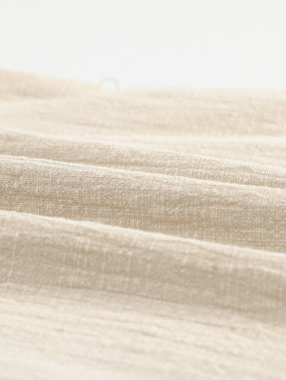 Billowed Puff Sleeve Cotton & Linen Blouse with Crew Neck