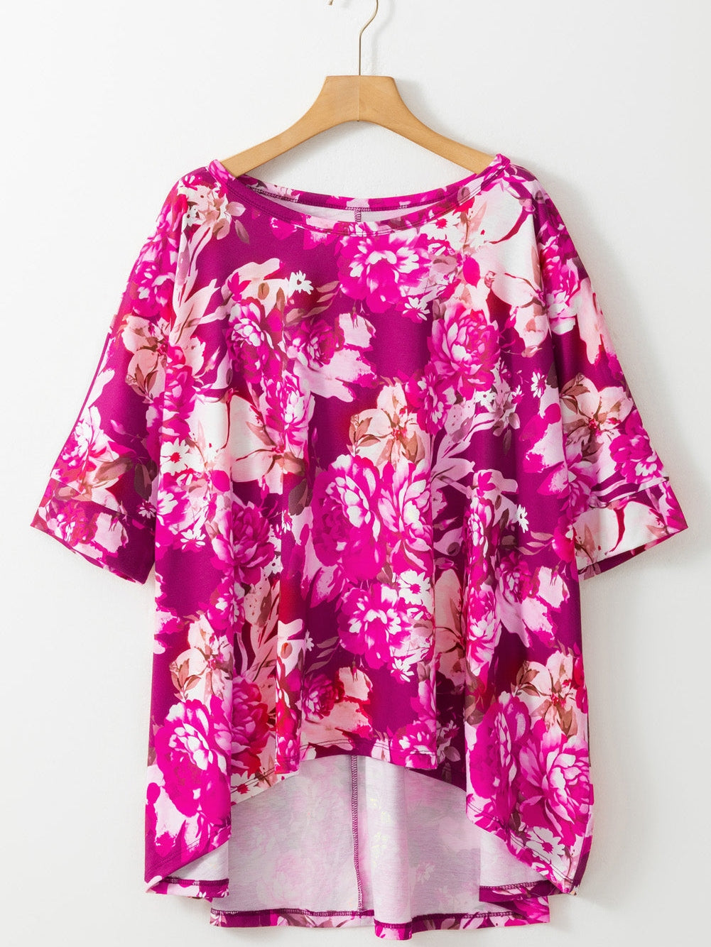 Red Floral Print Short Sleeve Plus Size Blouse