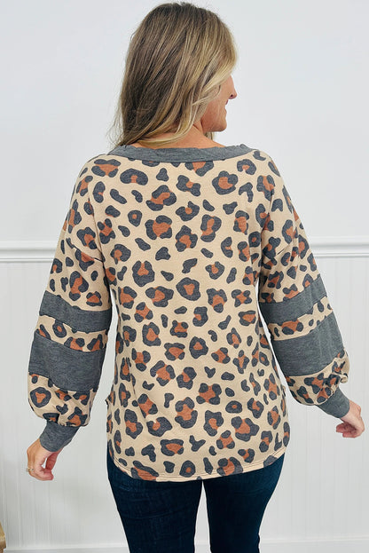 Beige Leopard Print Drop Shoulder Color Block Long Sleeve Top