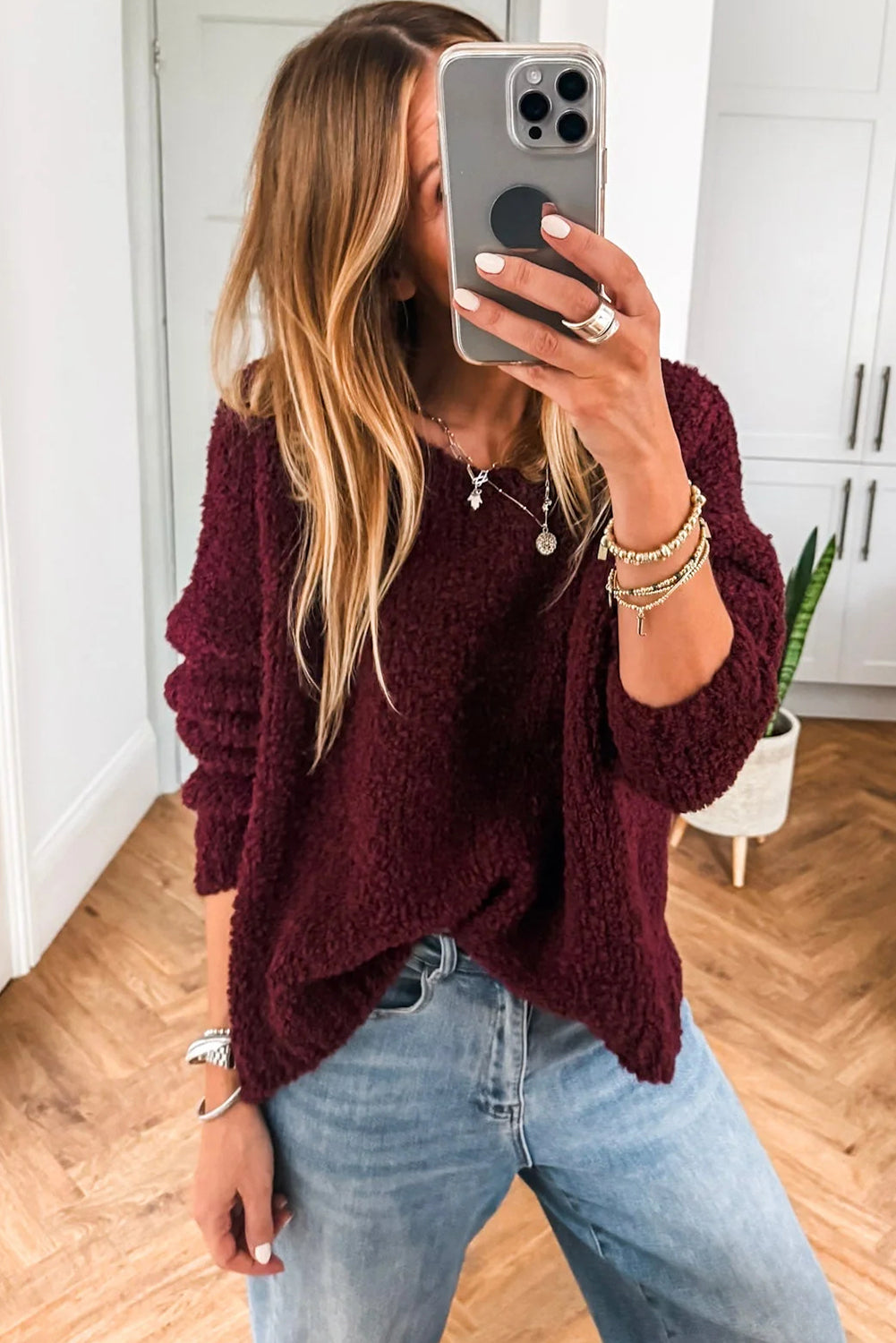 Burgundy Round Neck Fuzzy Knit Drop Shoulder Loose Sweater