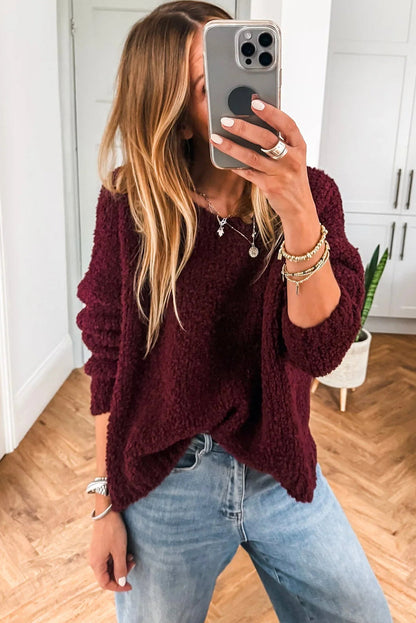Burgundy Round Neck Fuzzy Knit Drop Shoulder Loose Sweater