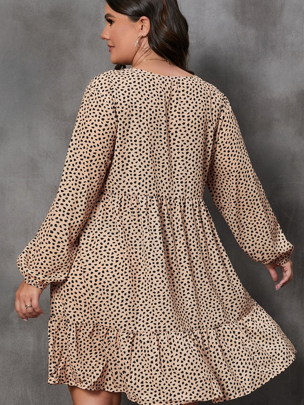Brown Leopard Spotted Print Tiered Long Sleeve Plus Size Dress