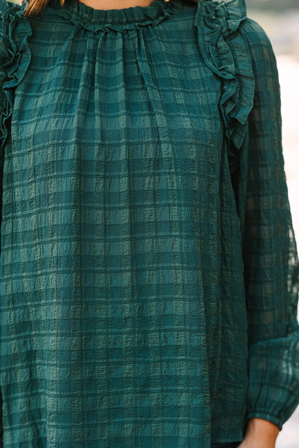 Skobeloff Solid Color Textured Ruffled Detail Long Sleeve Blouse