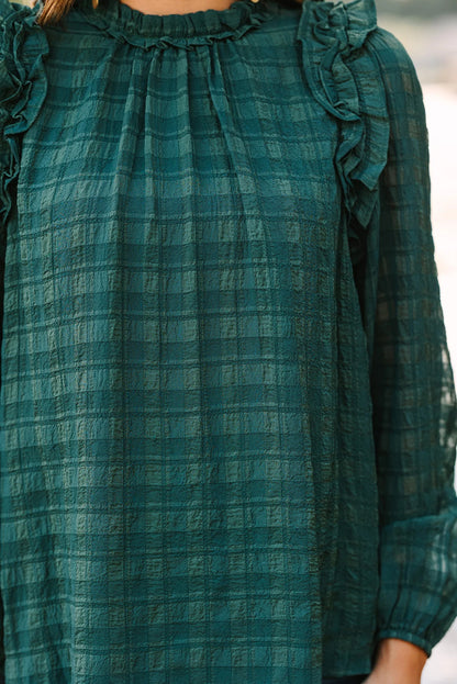 Skobeloff Solid Color Textured Ruffled Detail Long Sleeve Blouse