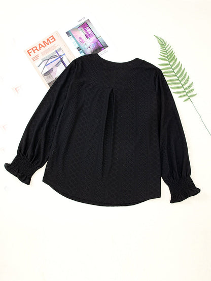 Black Eyelet Jacquard Split Neck Flounce Sleeve Plus Size Blouse