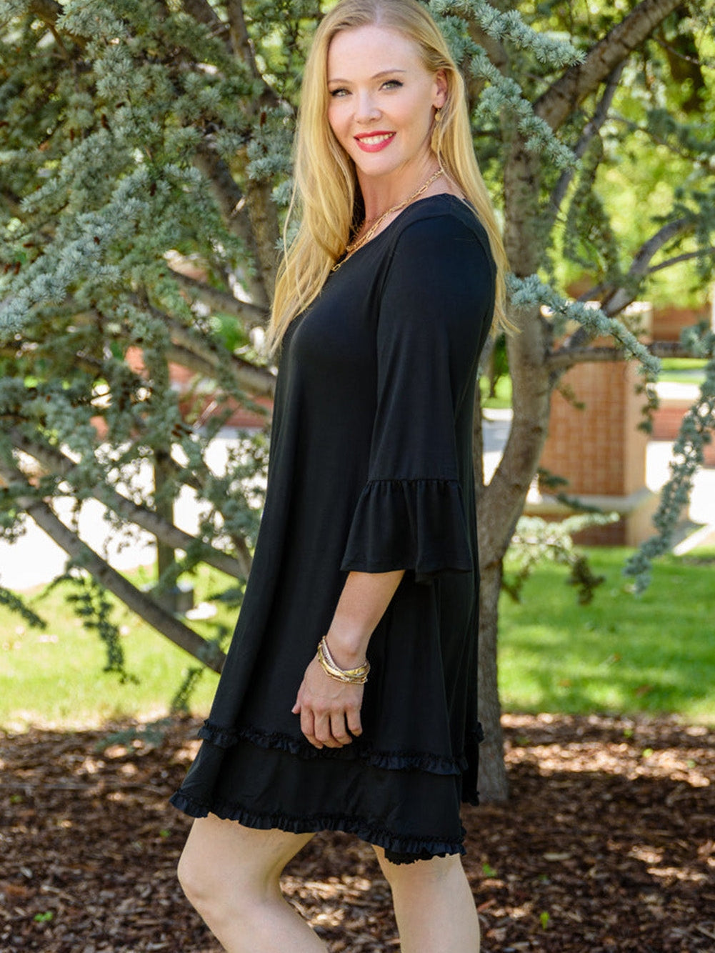 Black Plus Size Ruffled Trim 3/4 Sleeve Dress