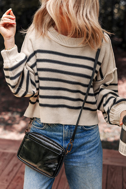 Black Stripe Ribbed Trim Drop Shoulder Puff Sleeve Sweater