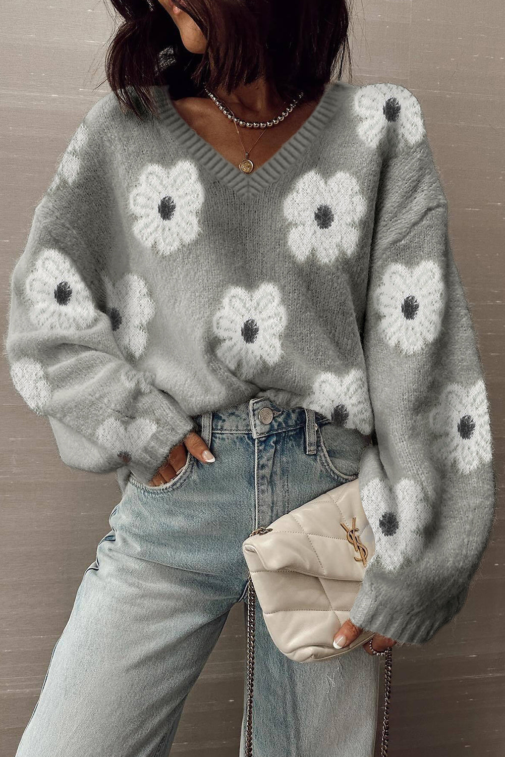 Gray Cute Flower Print V Neck Drop Shoulder Baggy Sweater
