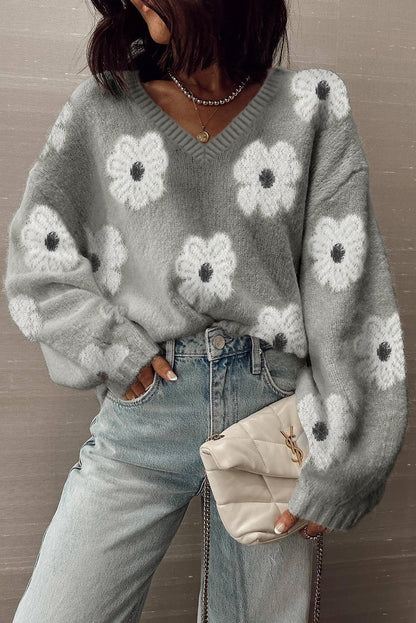 Gray Cute Flower Print V Neck Drop Shoulder Baggy Sweater