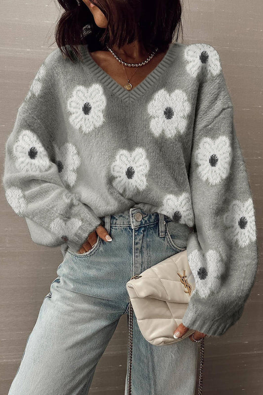 Gray Cute Flower Print V Neck Drop Shoulder Baggy Sweater