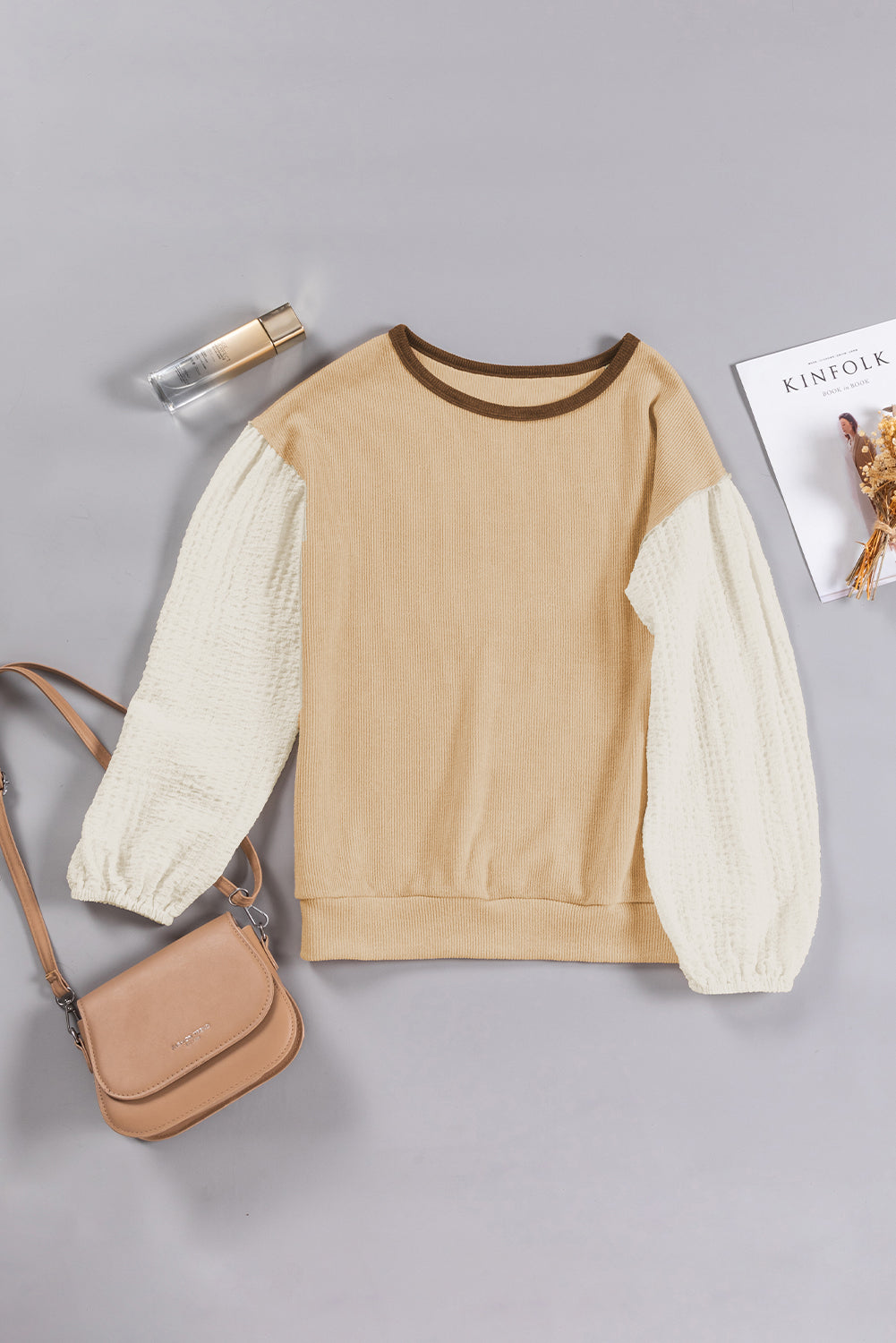 Gray Patchwork Puff Sleeve Crew Neck Top with Textured Detail