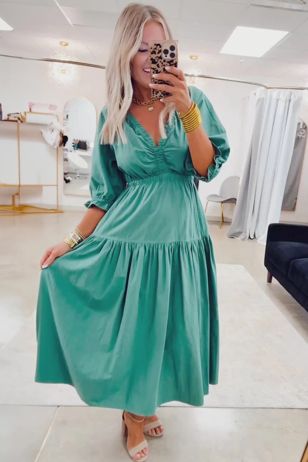 Canton V Neck Frilled Puff Sleeve Cinched Waist Flared Long Dress