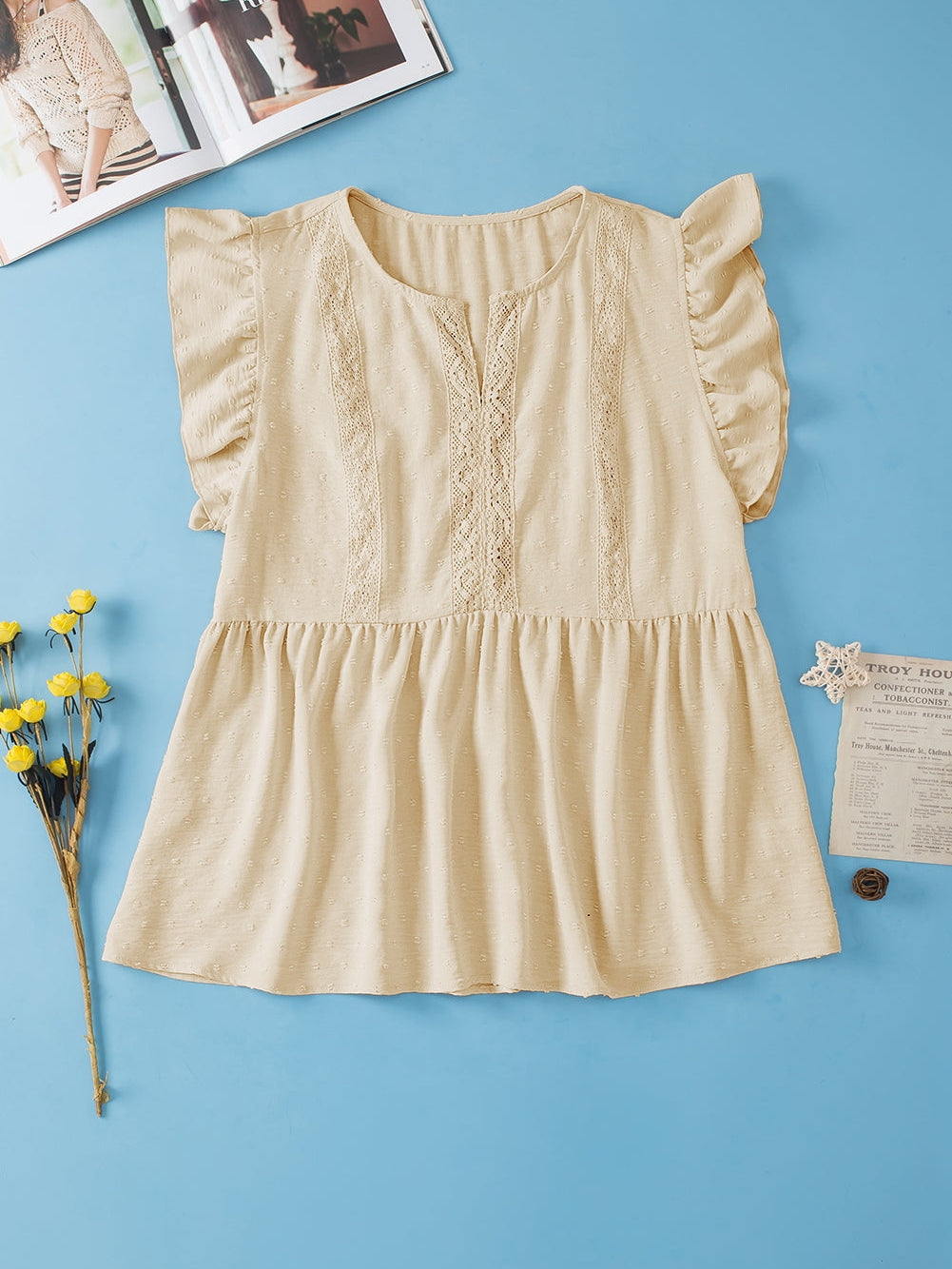 Golden Fleece Plus Size Swiss Dot Lace Trim Split Neck Babydoll Top