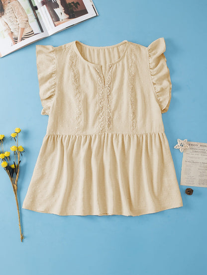 Golden Fleece Plus Size Swiss Dot Lace Trim Split Neck Babydoll Top