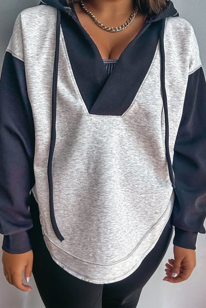 Light Grey Plus Color Block Patchwork Round Hem V Neck Drawstring Hoodie Pullover
