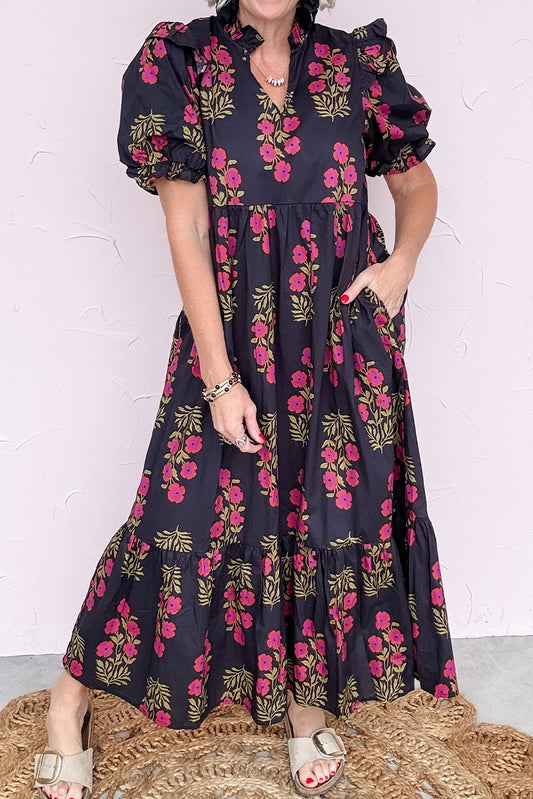 Beige Floral Short Bubble Sleeve Tiered Maxi Dress