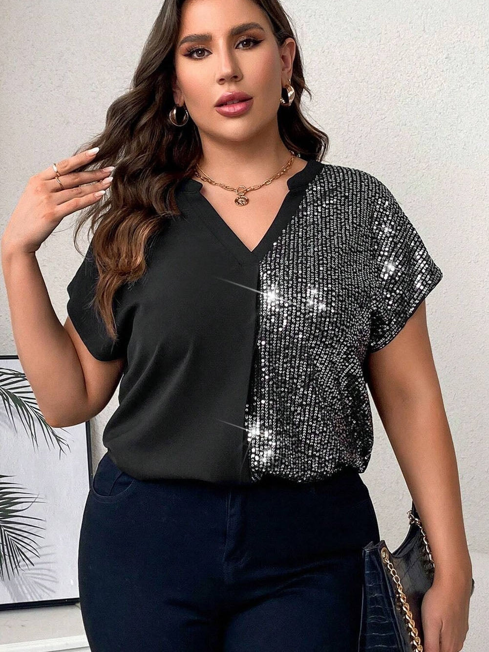 Black Plus Size Sequined Patchwork V Neck Tee
