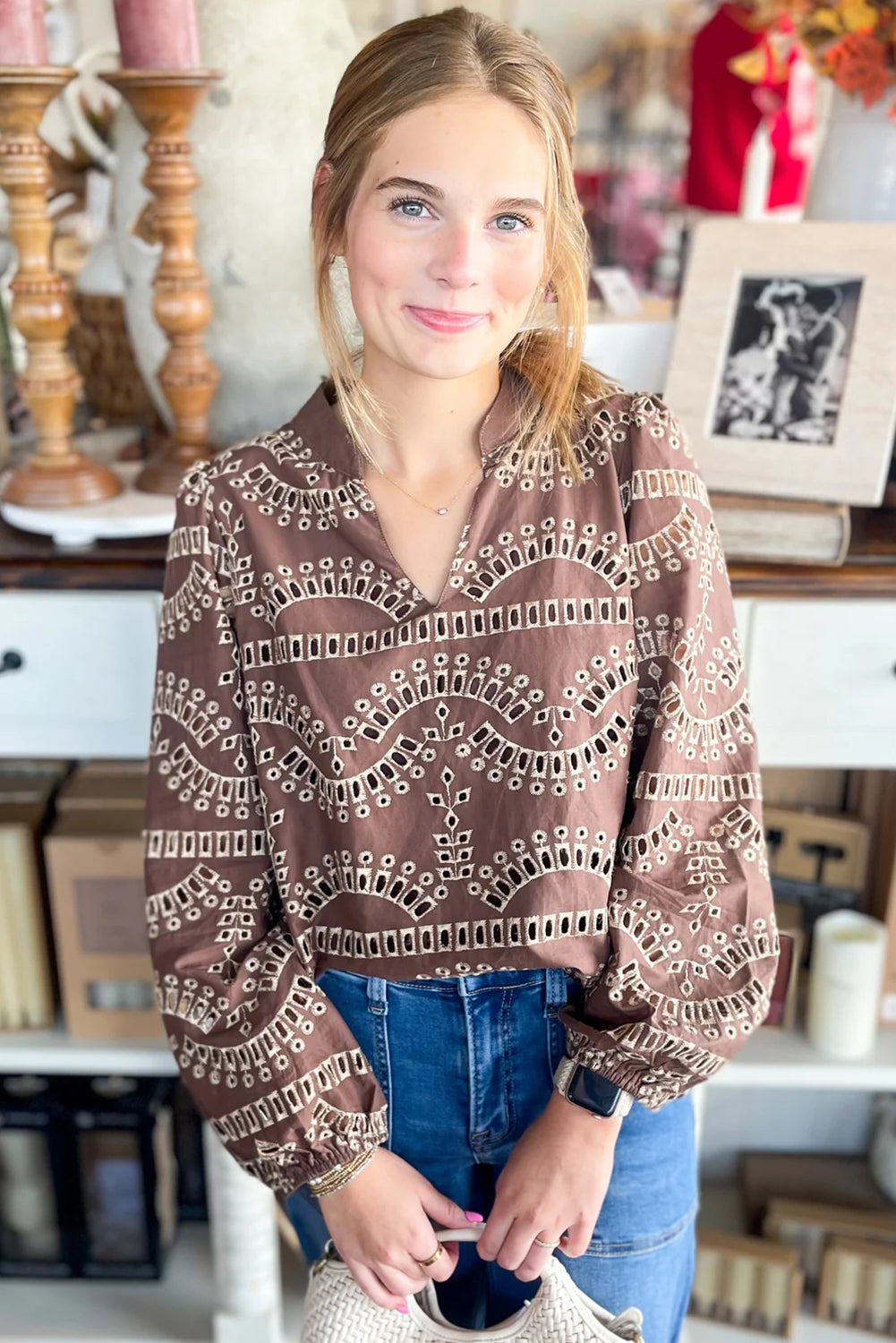 Coffee Embroidered Pattern Notched Neck Long Sleeve Blouse