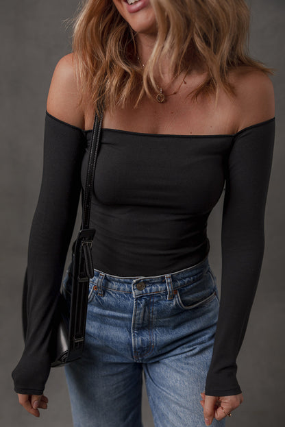 Black Solid Color Off-the-shoulder Long Sleeve T Shirt