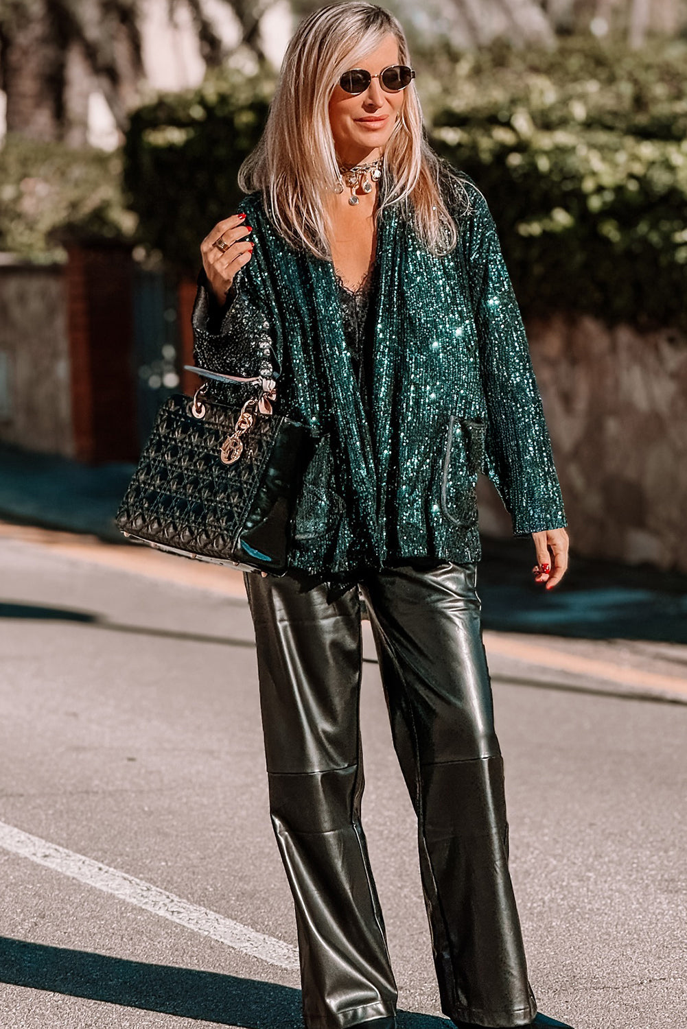 Evergreen Glitter Sequin Open Front Long Sleeve Top
