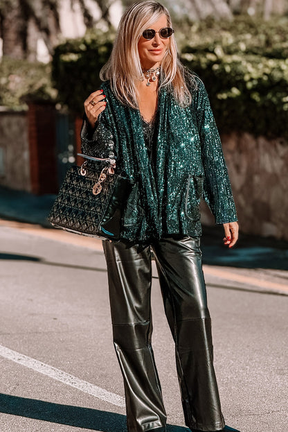 Evergreen Glitter Sequin Open Front Long Sleeve Top
