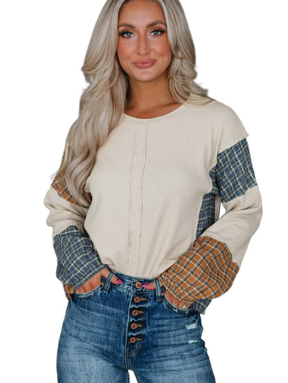 Gray Tartan Patchwork Distressed Long Sleeve Blouse