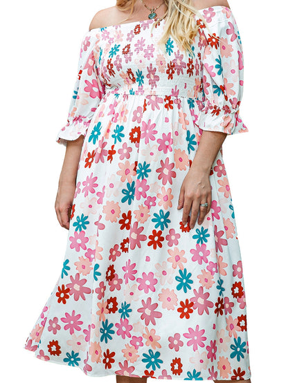 Floral Print Smocked Off Shoulder Plus Size Midi Dress in White