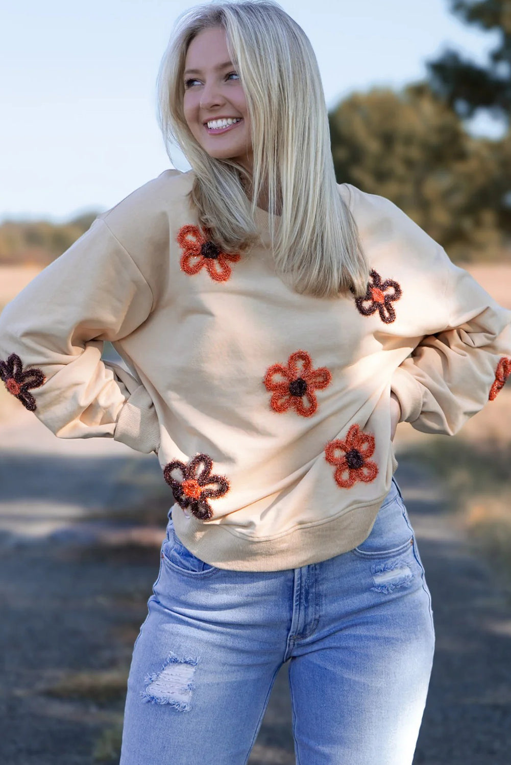 Jet Stream Tinsel Flower Decor Drop Shoulder Sweatshirt