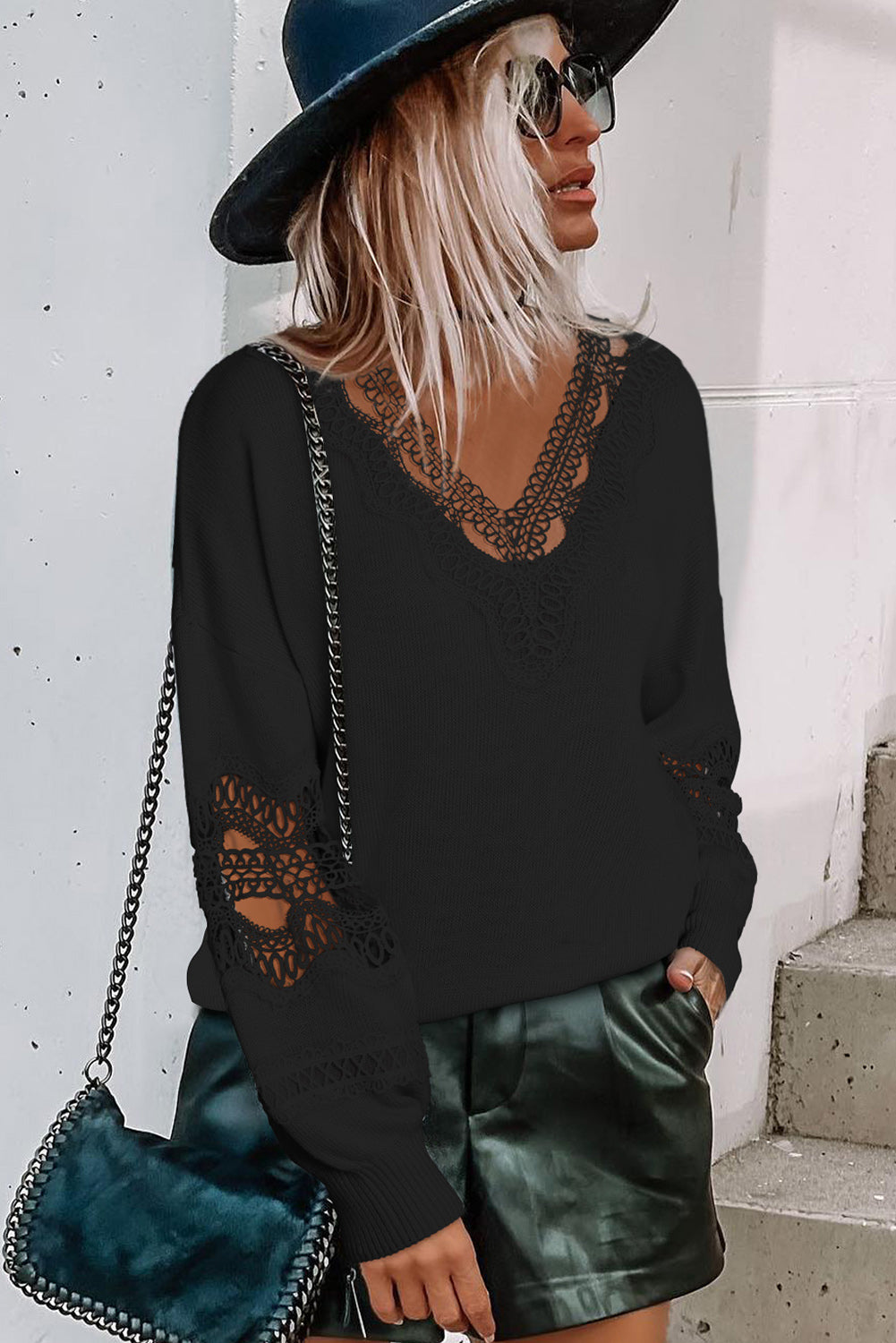 Elegant Black Lace V-Neck Knit Sweater with Hollow Details