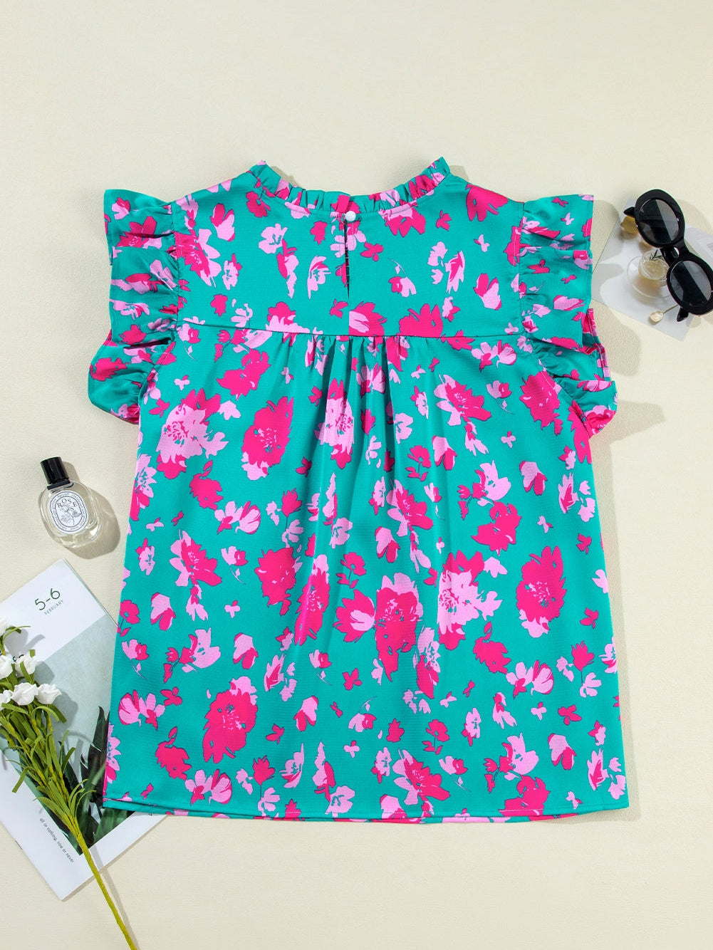 Green Blossom Ruffle Detail Plus Size Top