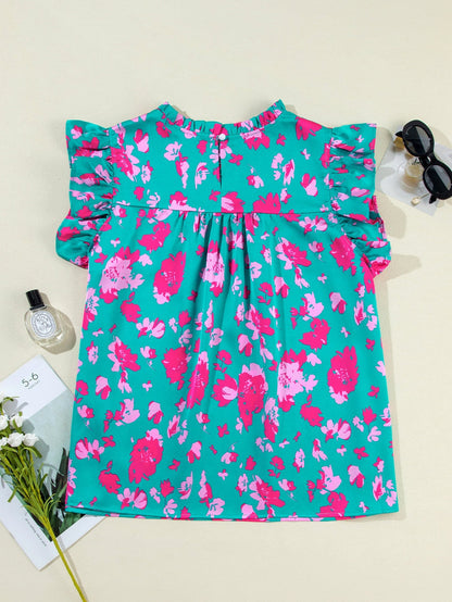 Green Blossom Ruffle Detail Plus Size Top