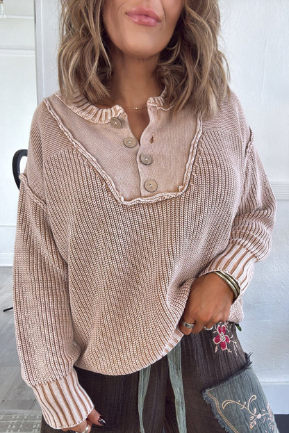Parchment Solid Color Mix Texture Patchwork Button Neck Drop Shoulder Sweater