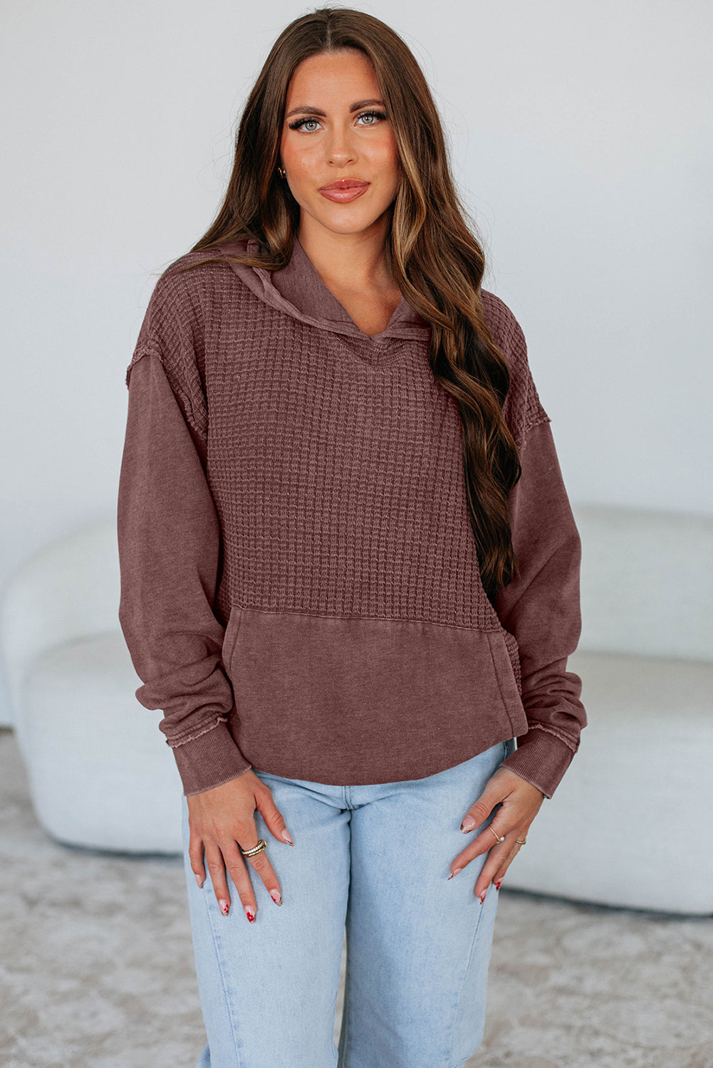 Wild Ginger Solid Color Mineral Wash Contrast Textured Patchwork Kangaroo Pocket Hoodie