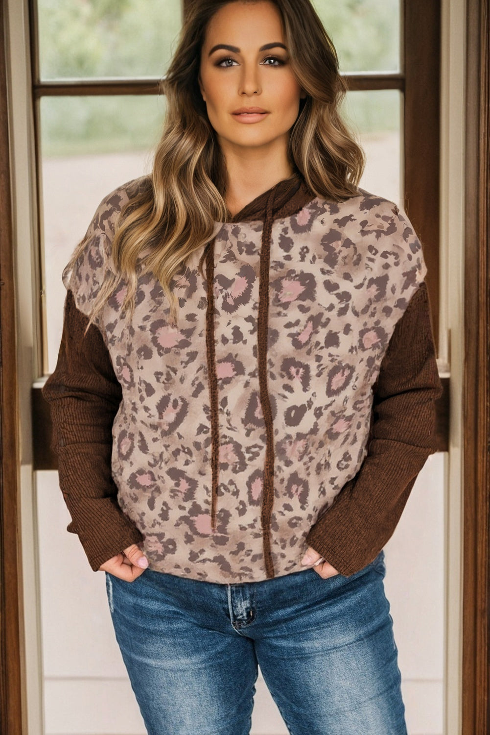 Brown Leopard Print Knit Patchwork Plus Hoodie