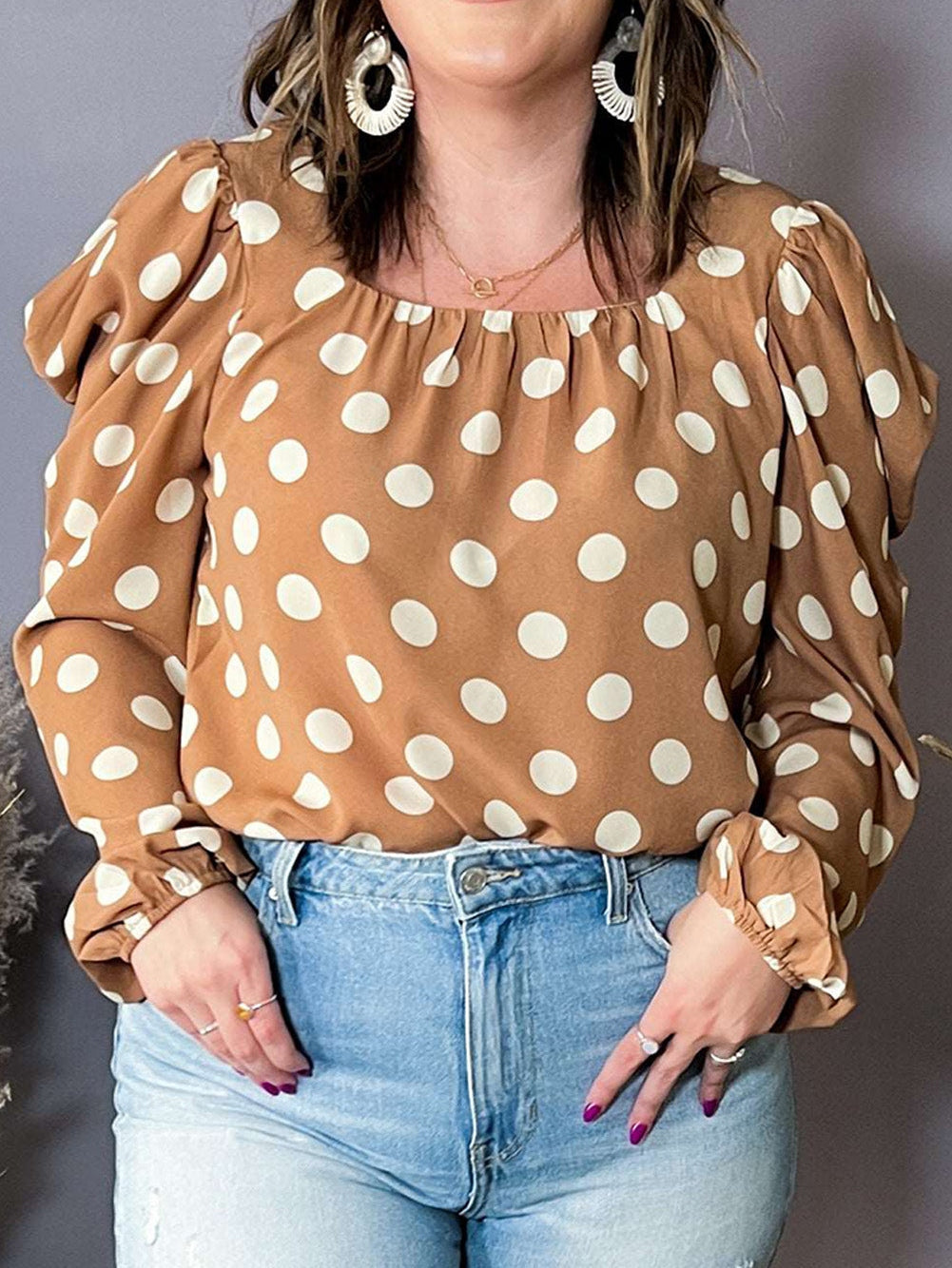 Khaki Polka Dot Ruched Neckline Puff Sleeve Blouse for Curvy Fashionistas