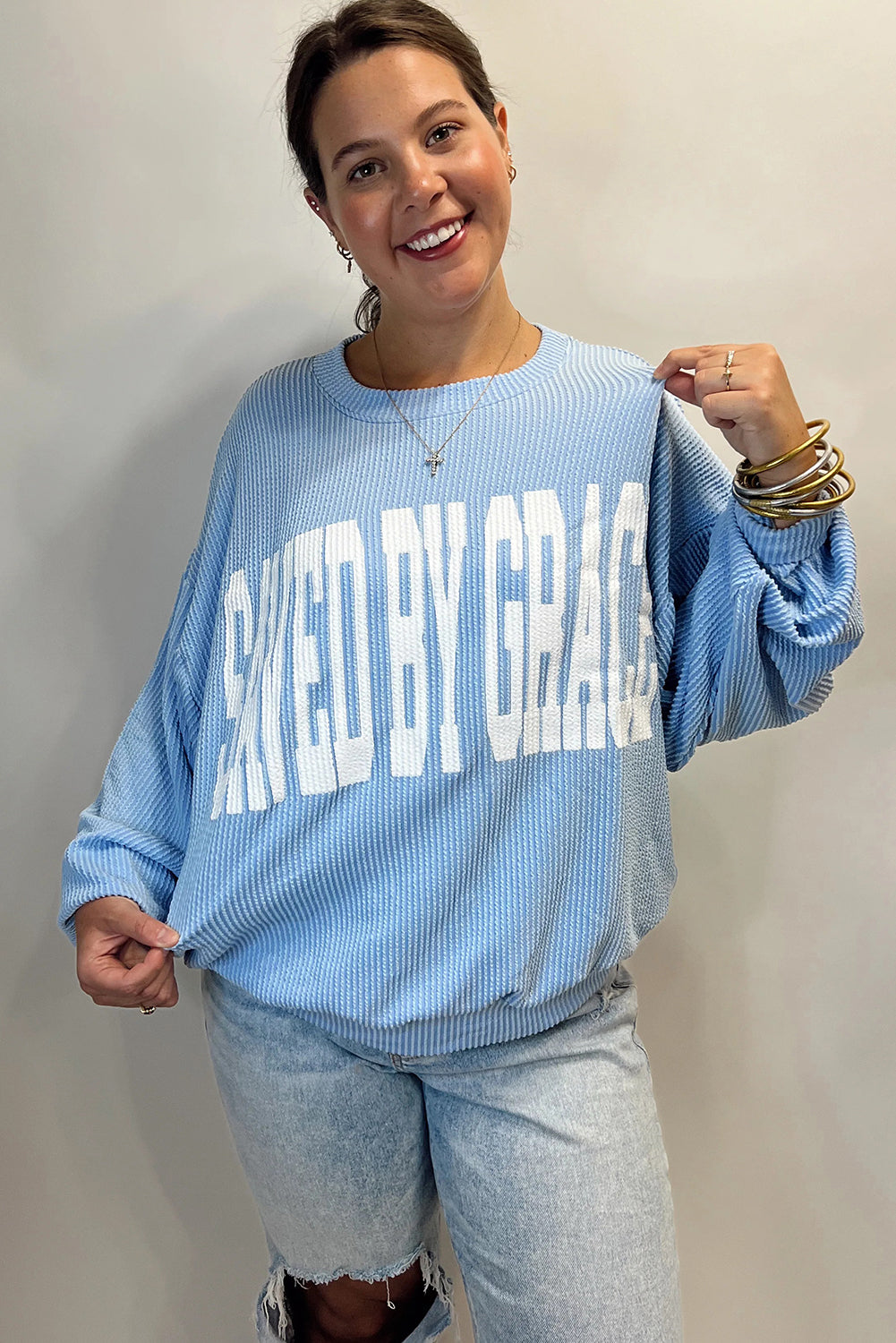 Beau Blue GOD IS LOVE/ SAVED BY GRACE Letter Print Twisted Ribbed Loose Top